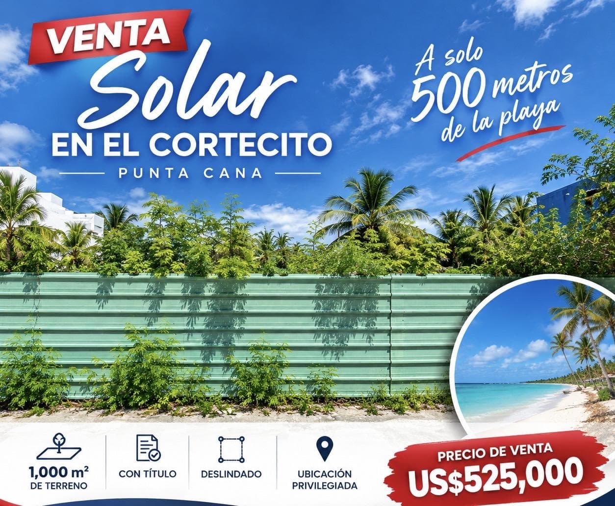 Vendo terreno de oportunidad a metros de la playa en el Cortesito | Bávaro, Punta Cana.